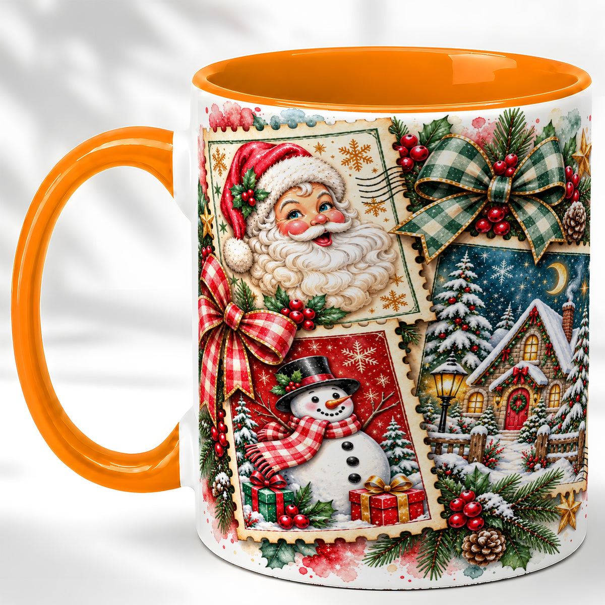 #pl[11oz|Orange] Santa Snowman Watercolor Coffee Mug, Christmas Mug, Ceramic Cup