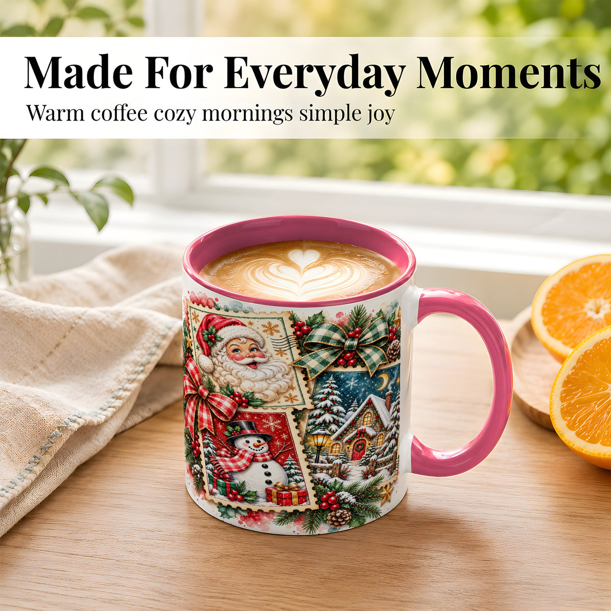 #pl[11oz|Pink] Santa Snowman Watercolor Coffee Mug, Christmas Mug, Ceramic Cup