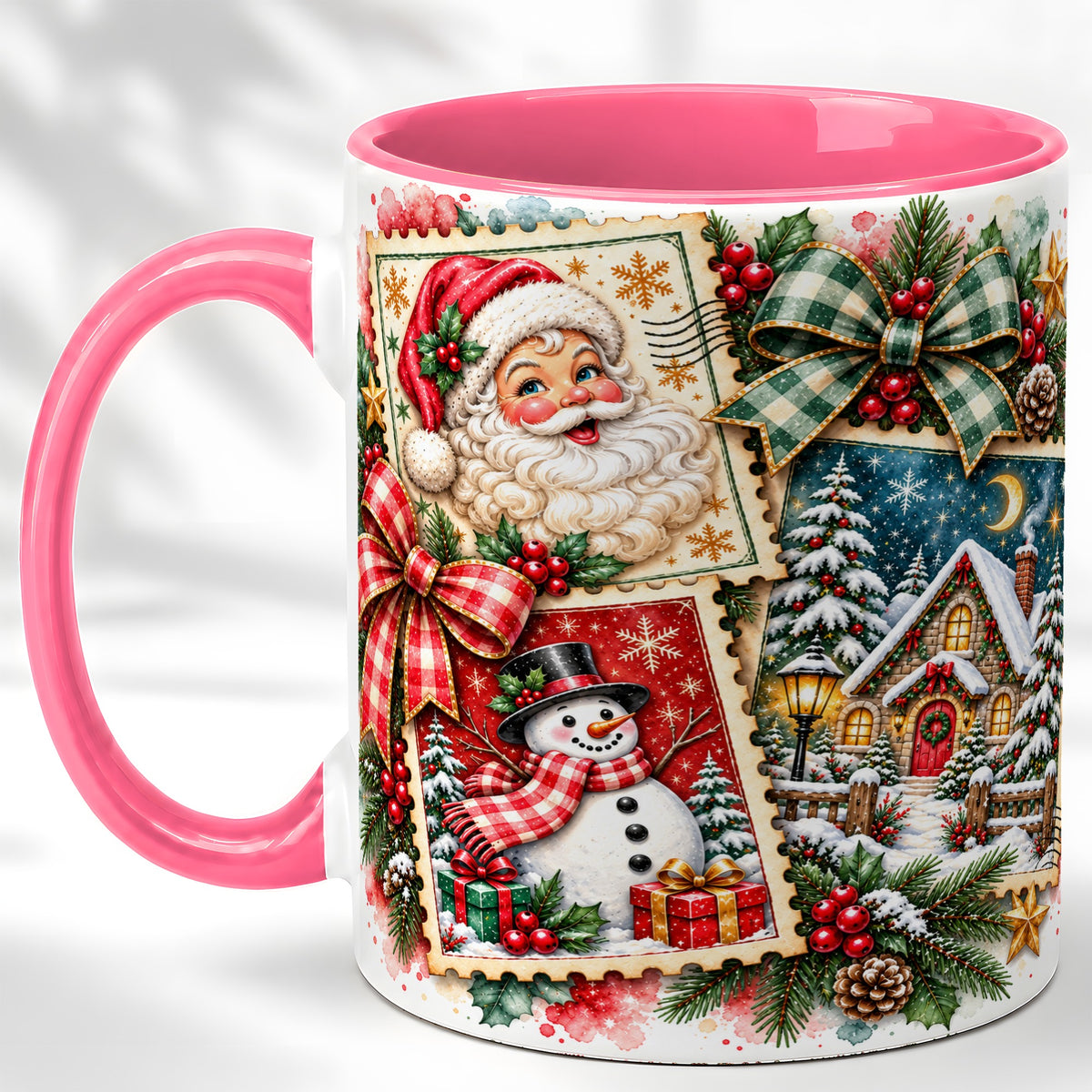 #pl[11oz|Pink] Santa Snowman Watercolor Coffee Mug, Christmas Mug, Ceramic Cup