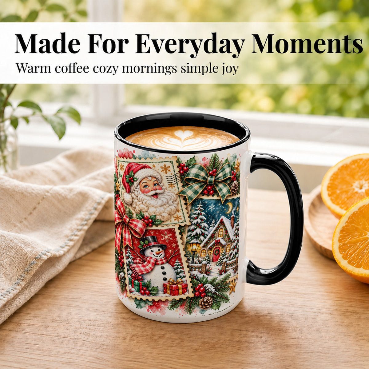 #pl[15oz|Black] Santa Snowman Watercolor Coffee Mug, Christmas Mug, Ceramic Cup