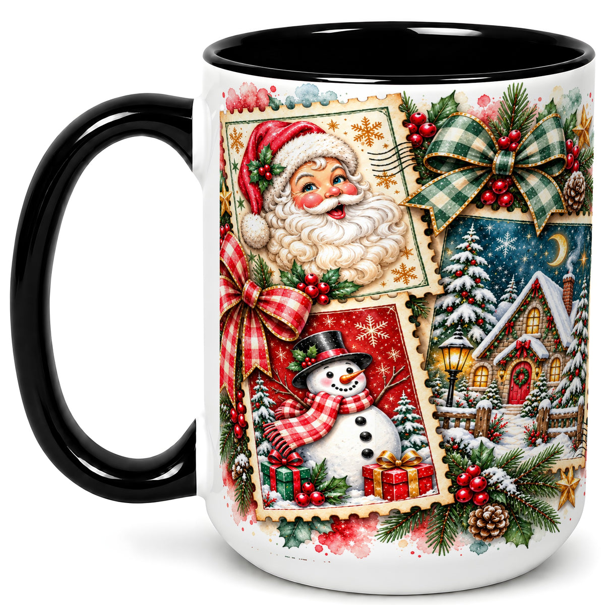 #pl[15oz|Black] Santa Snowman Watercolor Coffee Mug, Christmas Mug, Ceramic Cup