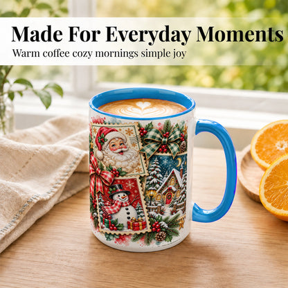 #pl[15oz|Blue] Santa Snowman Watercolor Coffee Mug, Christmas Mug, Ceramic Cup