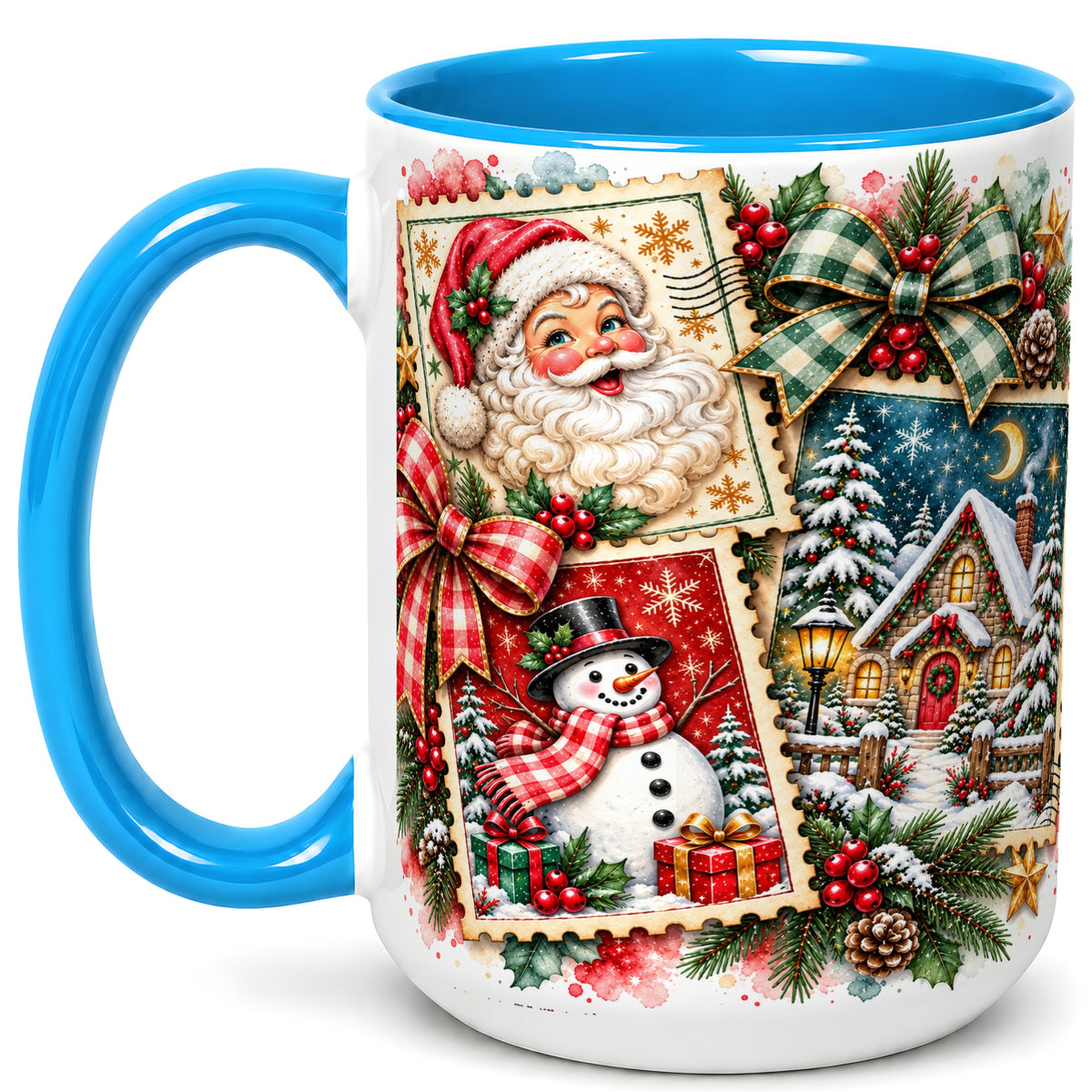 #pl[15oz|Blue] Santa Snowman Watercolor Coffee Mug, Christmas Mug, Ceramic Cup