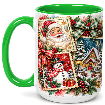 #pl[15oz|Green] Santa Snowman Watercolor Coffee Mug, Christmas Mug, Ceramic Cup