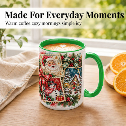 #pl[15oz|Green] Santa Snowman Watercolor Coffee Mug, Christmas Mug, Ceramic Cup