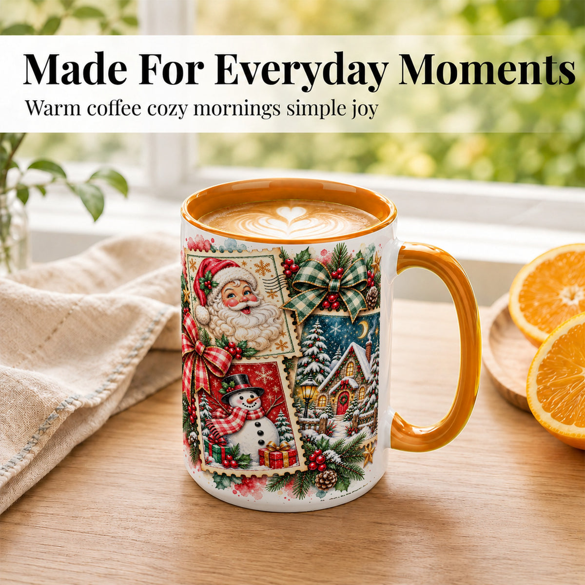 #pl[15oz|Orange] Santa Snowman Watercolor Coffee Mug, Christmas Mug, Ceramic Cup