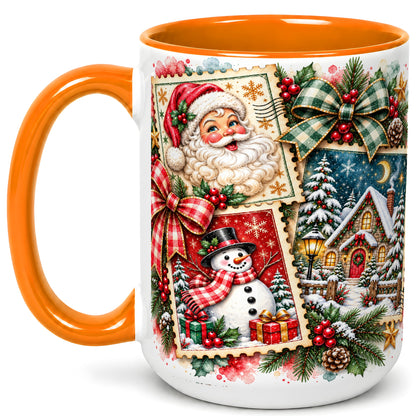 #pl[15oz|Orange] Santa Snowman Watercolor Coffee Mug, Christmas Mug, Ceramic Cup
