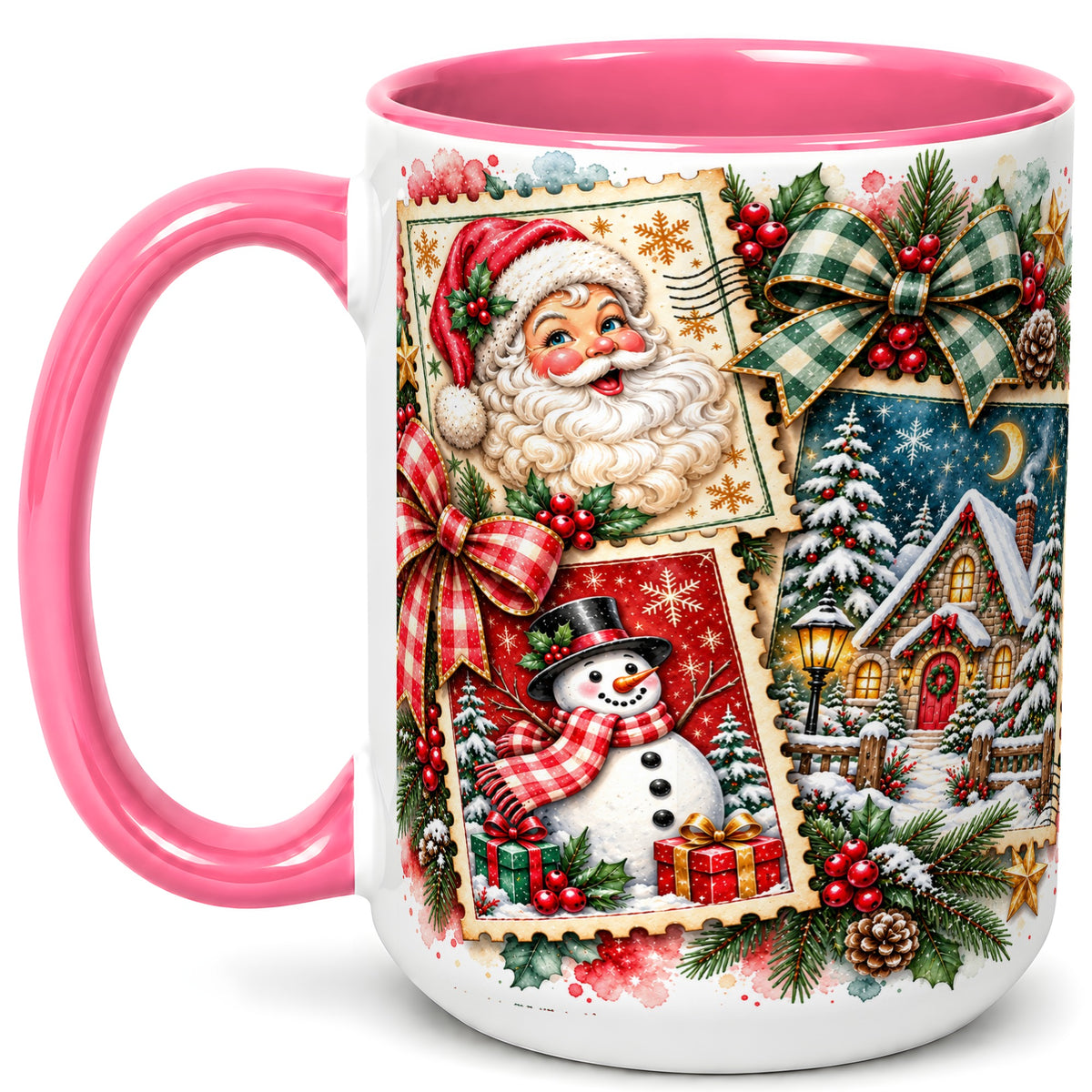 #pl[15oz|Pink] Santa Snowman Watercolor Coffee Mug, Christmas Mug, Ceramic Cup