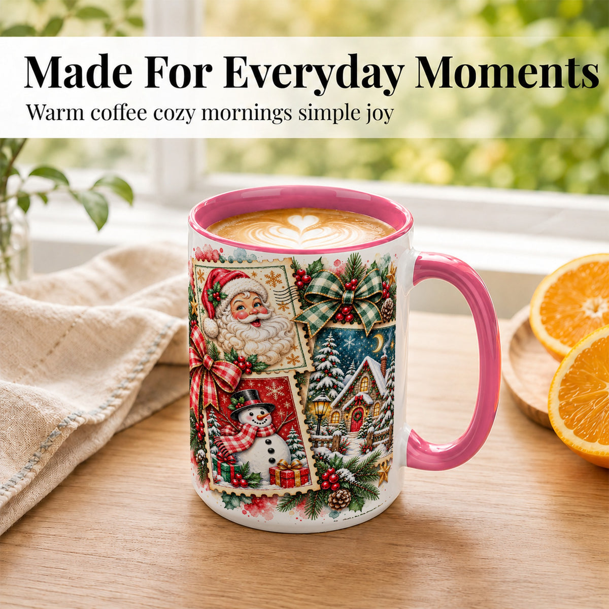 #pl[15oz|Pink] Santa Snowman Watercolor Coffee Mug, Christmas Mug, Ceramic Cup