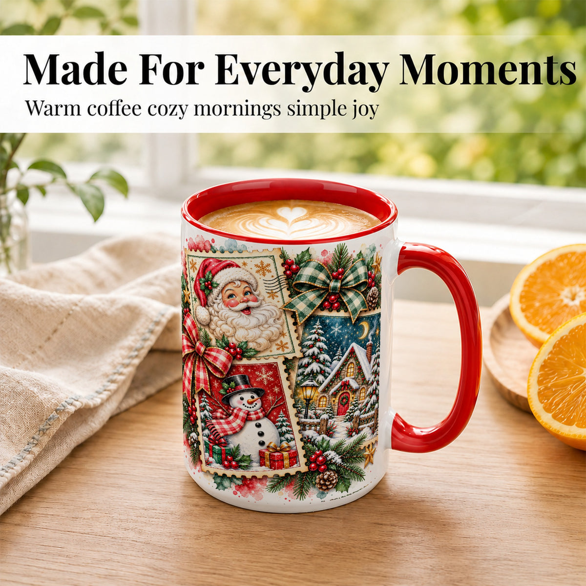 #pl[15oz|Red] Santa Snowman Watercolor Coffee Mug, Christmas Mug, Ceramic Cup