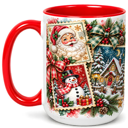 #pl[15oz|Red] Santa Snowman Watercolor Coffee Mug, Christmas Mug, Ceramic Cup