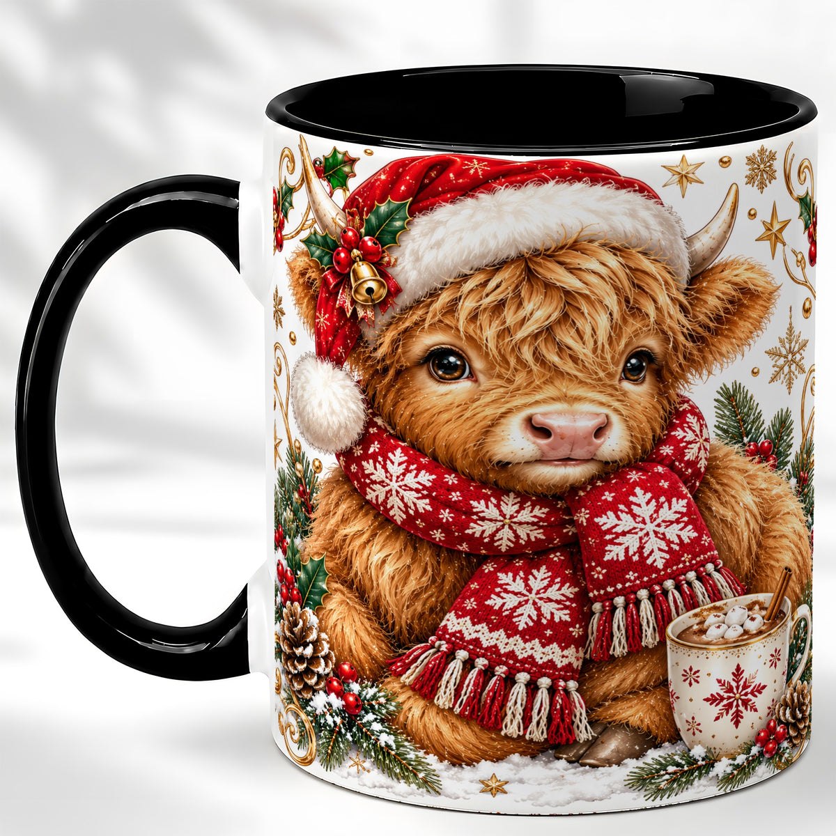 #pl[11oz|Black] Highland Cow Christmas Coffee Mug, Festive Cow Mug, Ceramic Cup
