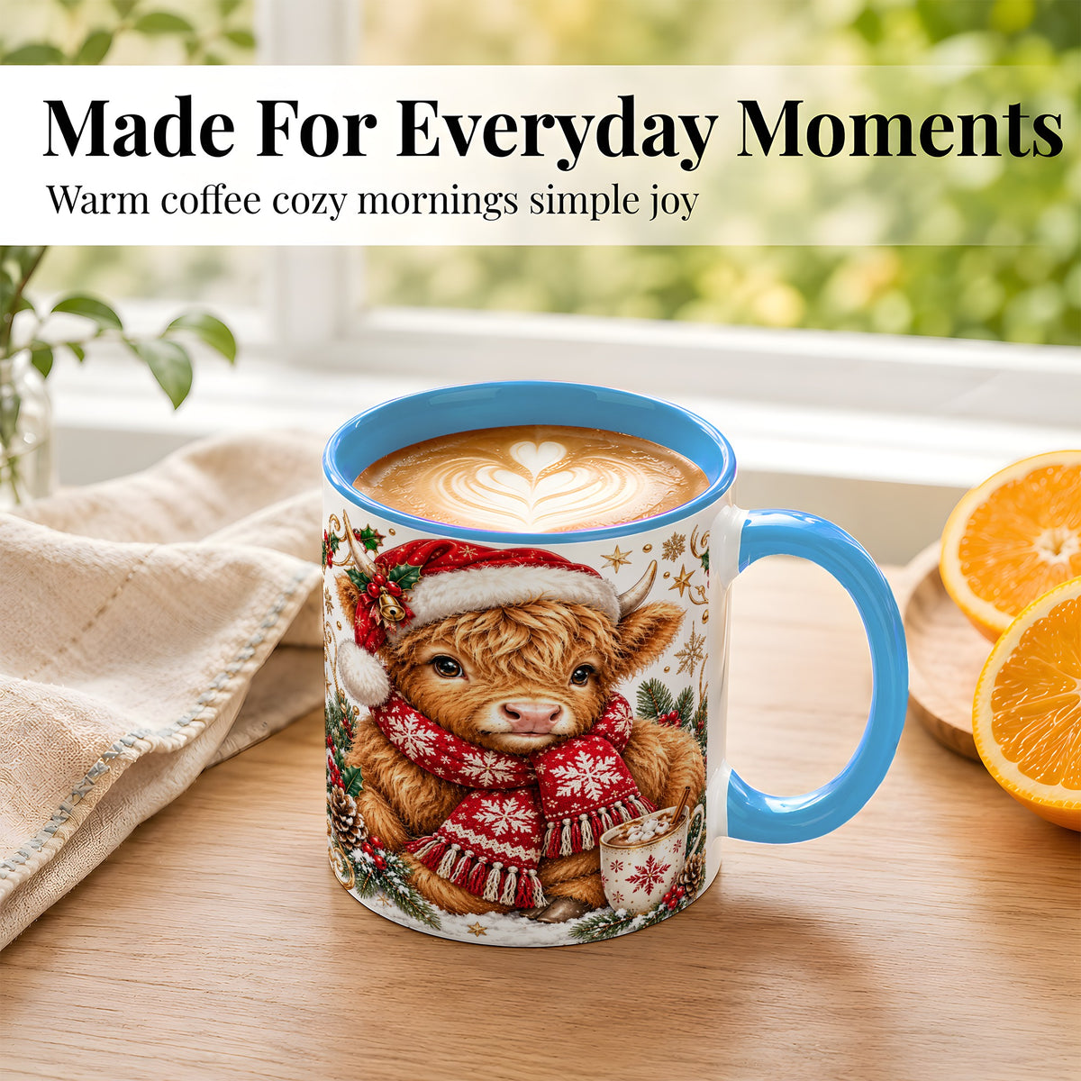 #pl[11oz|Blue] Highland Cow Christmas Coffee Mug, Festive Cow Mug, Ceramic Cup
