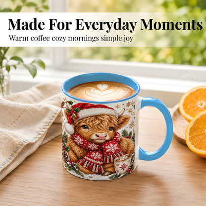 #pl[11oz|Blue] Highland Cow Christmas Coffee Mug, Festive Cow Mug, Ceramic Cup