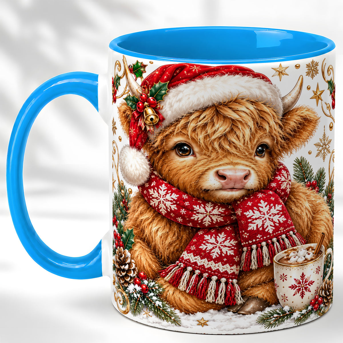 #pl[11oz|Blue] Highland Cow Christmas Coffee Mug, Festive Cow Mug, Ceramic Cup