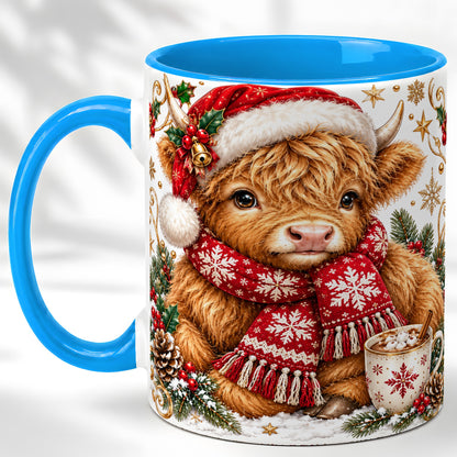 #pl[11oz|Blue] Highland Cow Christmas Coffee Mug, Festive Cow Mug, Ceramic Cup