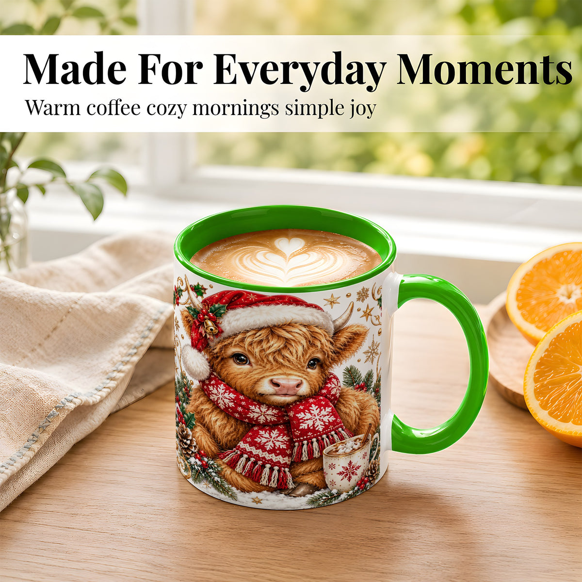 #pl[11oz|Green] Highland Cow Christmas Coffee Mug, Festive Cow Mug, Ceramic Cup