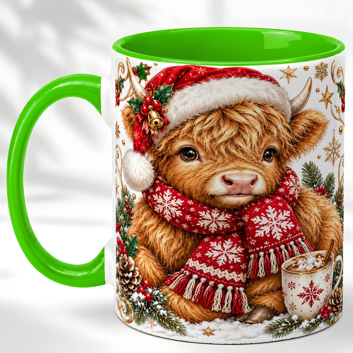 #pl[11oz|Green] Highland Cow Christmas Coffee Mug, Festive Cow Mug, Ceramic Cup