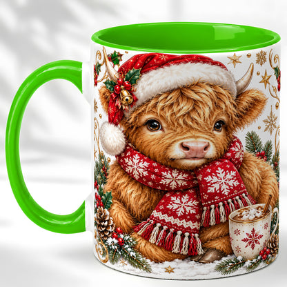 #pl[11oz|Green] Highland Cow Christmas Coffee Mug, Festive Cow Mug, Ceramic Cup