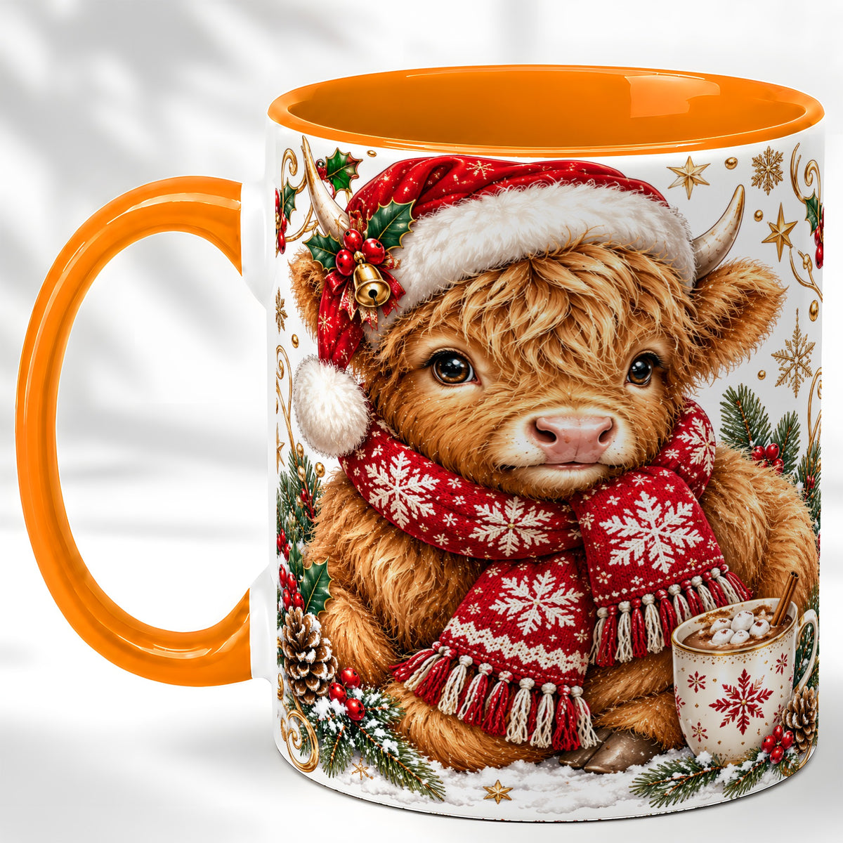 #pl[11oz|Orange] Highland Cow Christmas Coffee Mug, Festive Cow Mug, Ceramic Cup