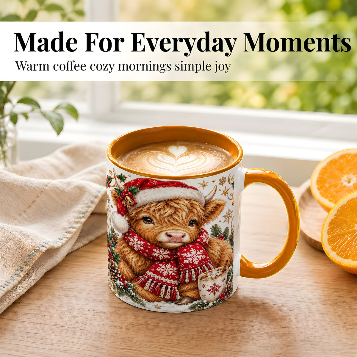 #pl[11oz|Orange] Highland Cow Christmas Coffee Mug, Festive Cow Mug, Ceramic Cup
