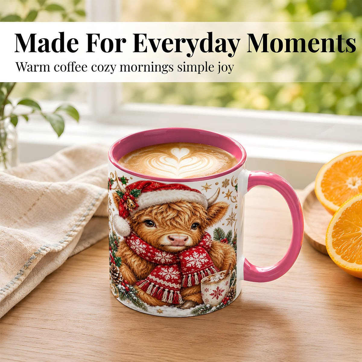 #pl[11oz|Pink] Highland Cow Christmas Coffee Mug, Festive Cow Mug, Ceramic Cup