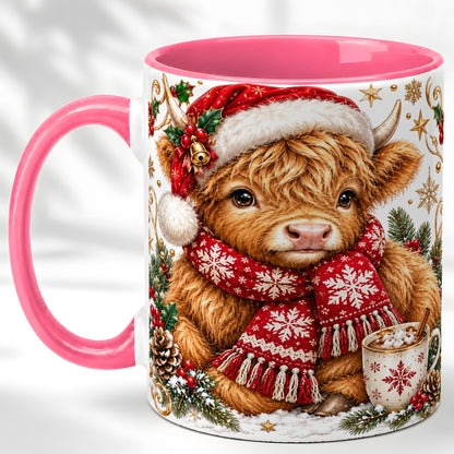 #pl[11oz|Pink] Highland Cow Christmas Coffee Mug, Festive Cow Mug, Ceramic Cup