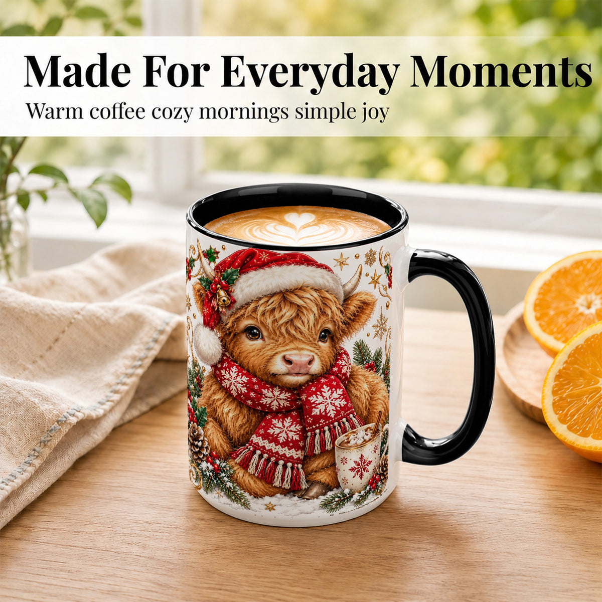 #pl[15oz|Black] Highland Cow Christmas Coffee Mug, Festive Cow Mug, Ceramic Cup