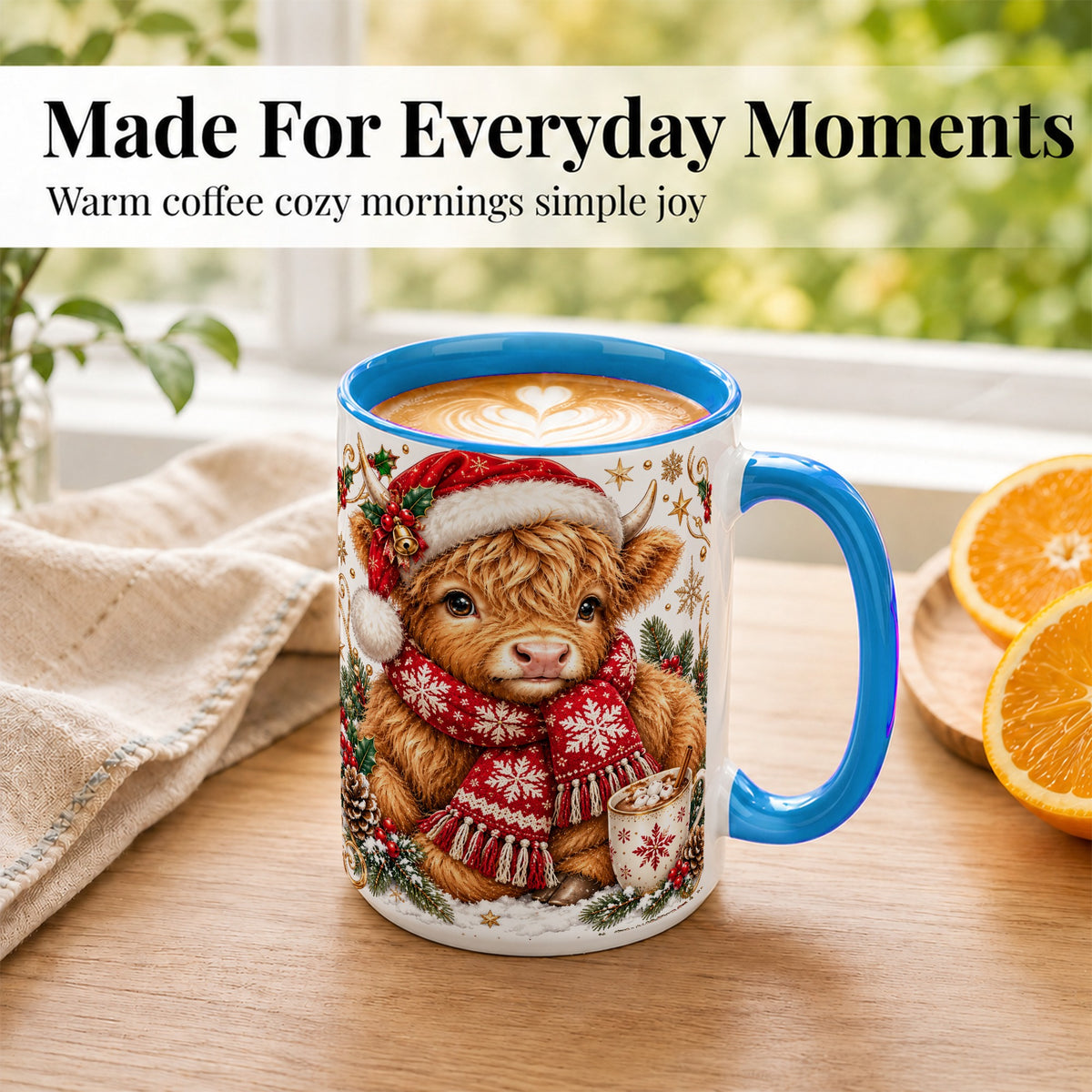 #pl[15oz|Blue] Highland Cow Christmas Coffee Mug, Festive Cow Mug, Ceramic Cup