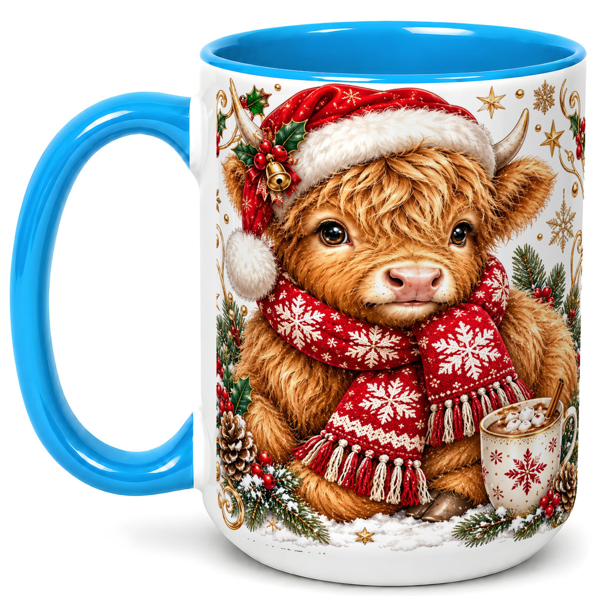 #pl[15oz|Blue] Highland Cow Christmas Coffee Mug, Festive Cow Mug, Ceramic Cup