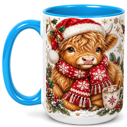 #pl[15oz|Blue] Highland Cow Christmas Coffee Mug, Festive Cow Mug, Ceramic Cup