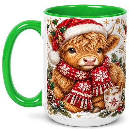 #pl[15oz|Green] Highland Cow Christmas Coffee Mug, Festive Cow Mug, Ceramic Cup