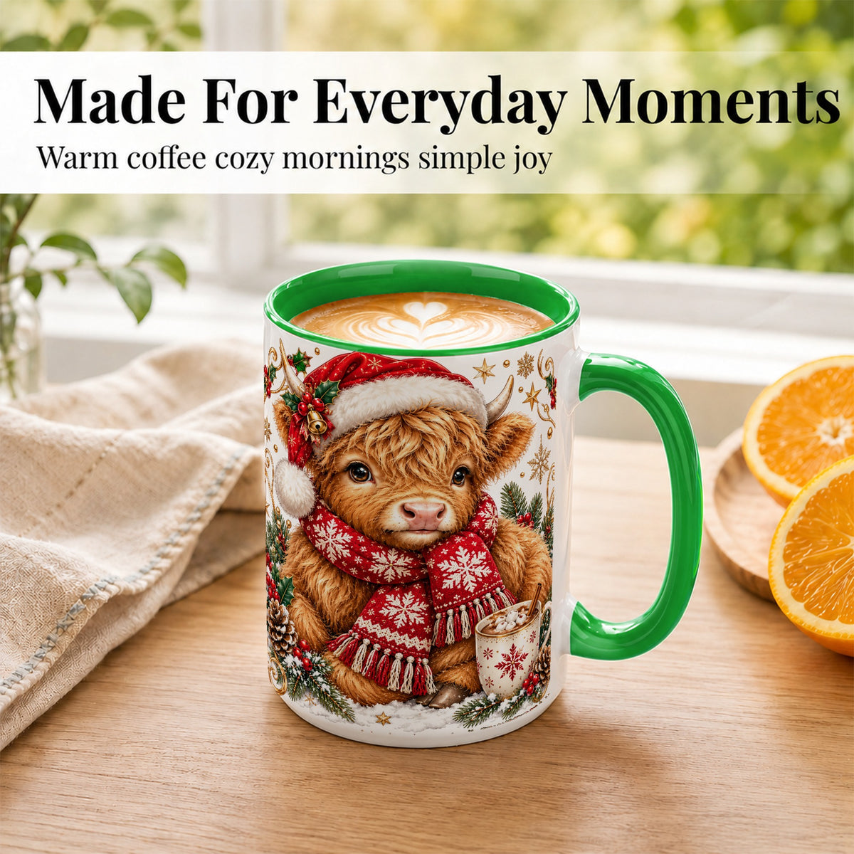 #pl[15oz|Green] Highland Cow Christmas Coffee Mug, Festive Cow Mug, Ceramic Cup