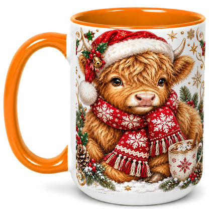 #pl[15oz|Orange] Highland Cow Christmas Coffee Mug, Festive Cow Mug, Ceramic Cup