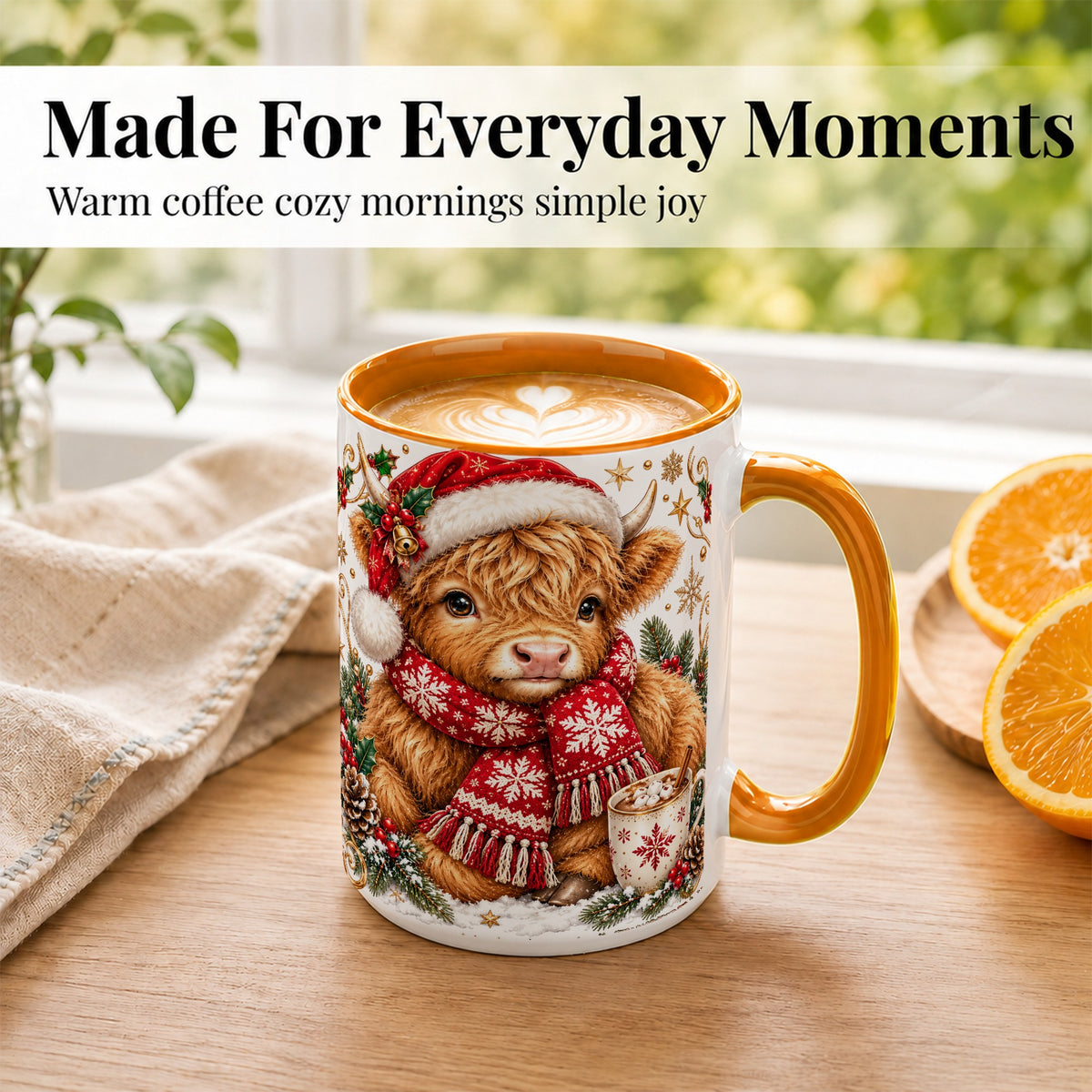 #pl[15oz|Orange] Highland Cow Christmas Coffee Mug, Festive Cow Mug, Ceramic Cup