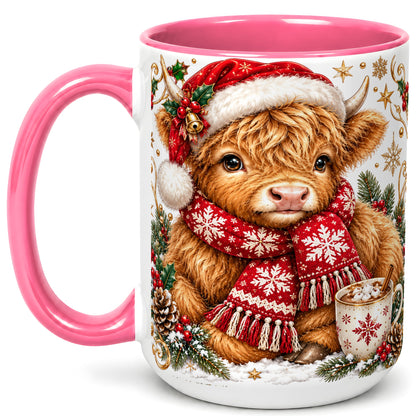 #pl[15oz|Pink] Highland Cow Christmas Coffee Mug, Festive Cow Mug, Ceramic Cup