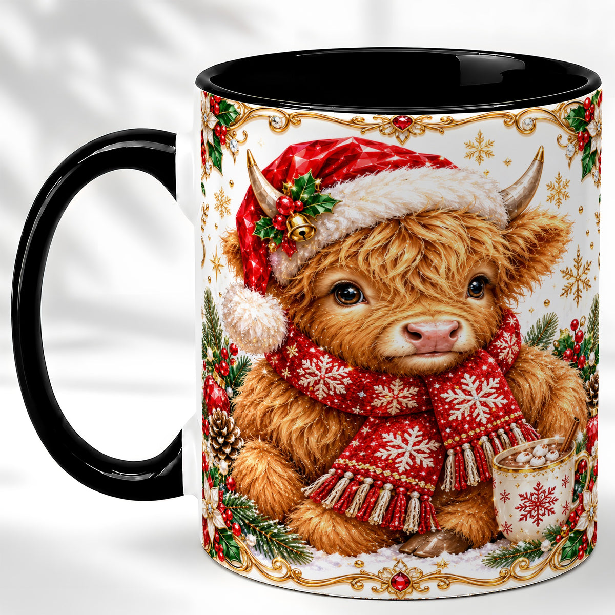 #pl[11oz|Black] Christmas Highland Cow Coffee Mug, Festive Cow Mug, Ceramic Cup