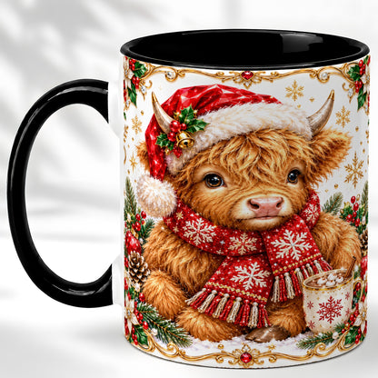 #pl[11oz|Black] Christmas Highland Cow Coffee Mug, Festive Cow Mug, Ceramic Cup