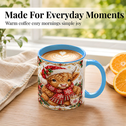 #pl[11oz|Blue] Christmas Highland Cow Coffee Mug, Festive Cow Mug, Ceramic Cup