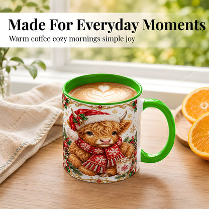 #pl[11oz|Green] Christmas Highland Cow Coffee Mug, Festive Cow Mug, Ceramic Cup