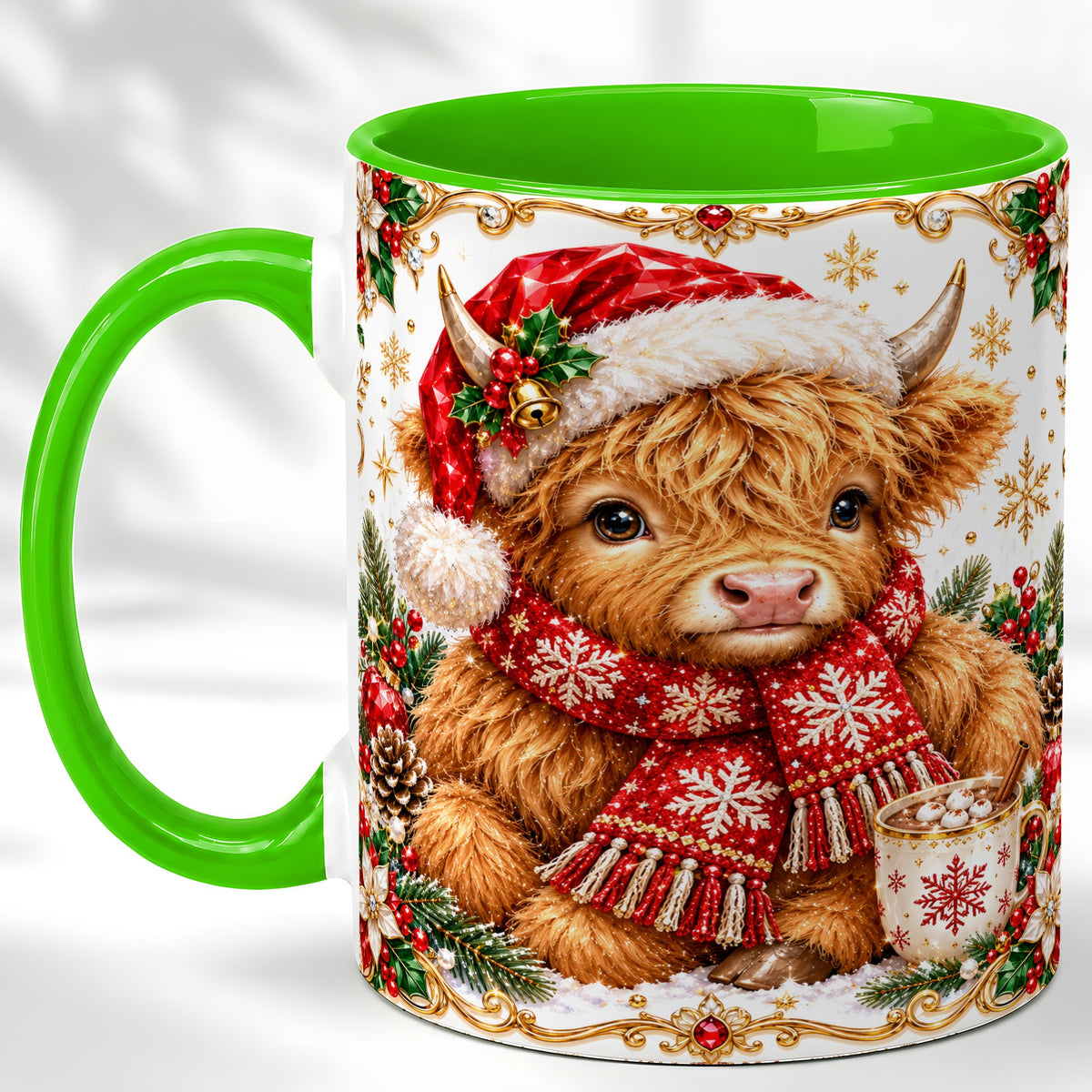 #pl[11oz|Green] Christmas Highland Cow Coffee Mug, Festive Cow Mug, Ceramic Cup