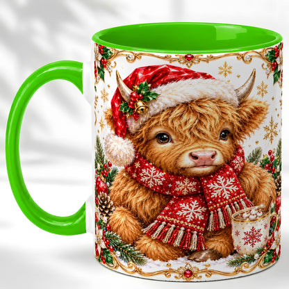 #pl[11oz|Green] Christmas Highland Cow Coffee Mug, Festive Cow Mug, Ceramic Cup