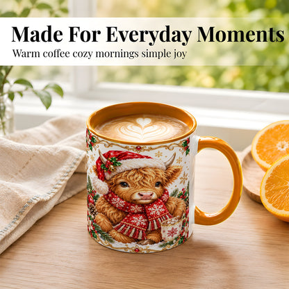 #pl[11oz|Orange] Christmas Highland Cow Coffee Mug, Festive Cow Mug, Ceramic Cup