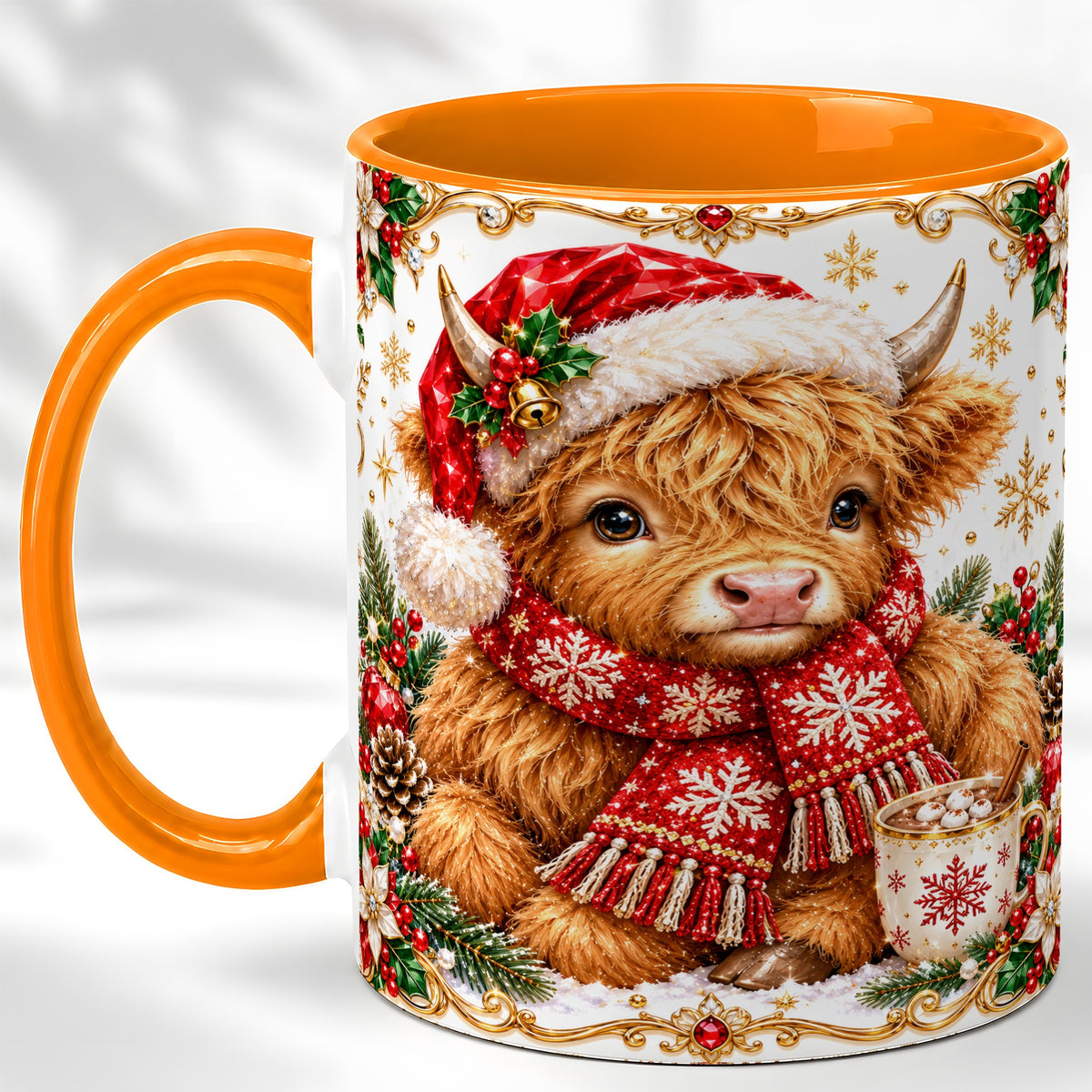 #pl[11oz|Orange] Christmas Highland Cow Coffee Mug, Festive Cow Mug, Ceramic Cup