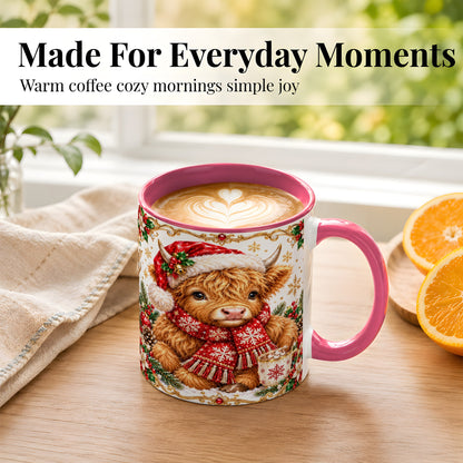 #pl[11oz|Pink] Christmas Highland Cow Coffee Mug, Festive Cow Mug, Ceramic Cup