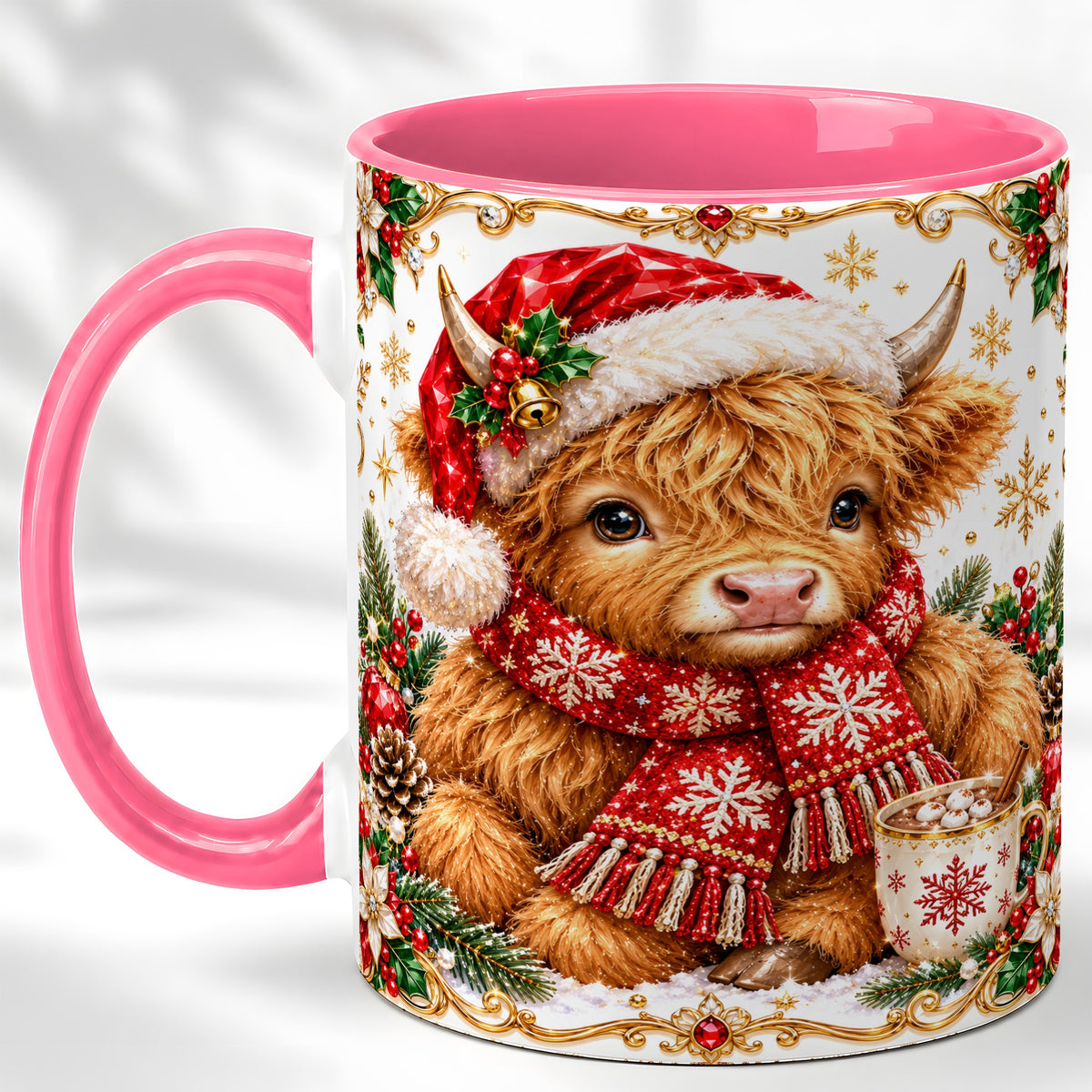 #pl[11oz|Pink] Christmas Highland Cow Coffee Mug, Festive Cow Mug, Ceramic Cup