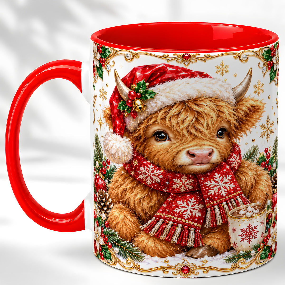 Christmas Highland Cow Coffee Mug, Festive Cow Mug, Ceramic Cup