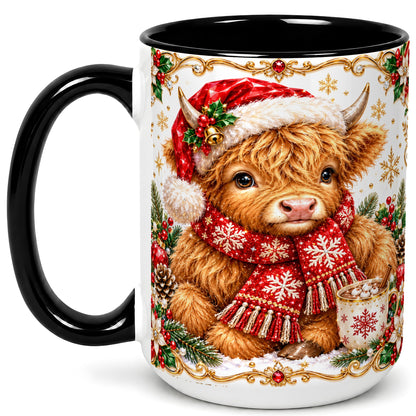 #pl[15oz|Black] Christmas Highland Cow Coffee Mug, Festive Cow Mug, Ceramic Cup