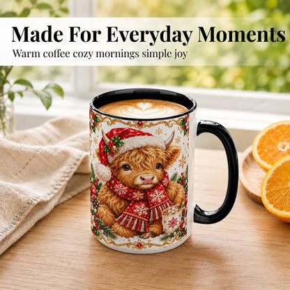 #pl[15oz|Black] Christmas Highland Cow Coffee Mug, Festive Cow Mug, Ceramic Cup
