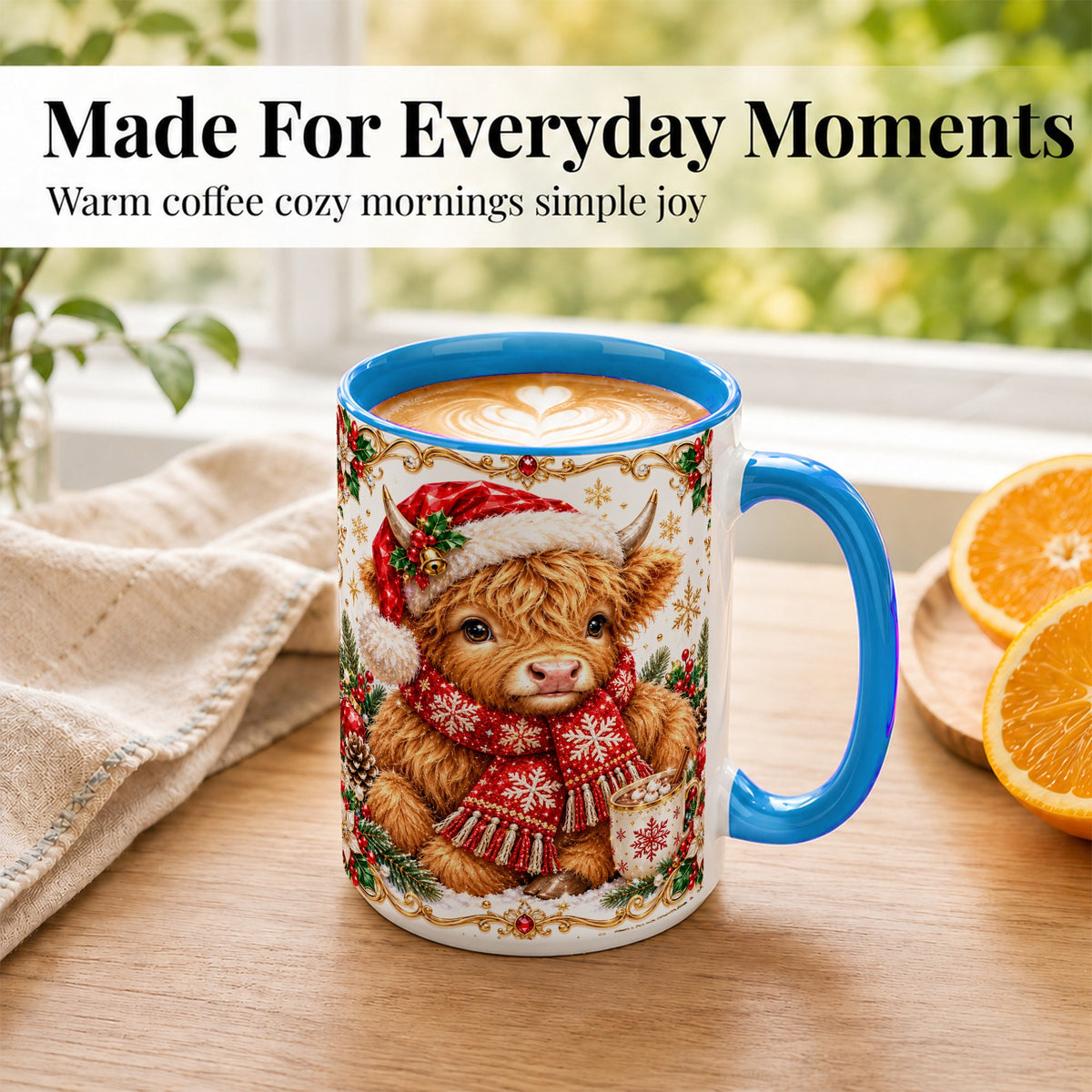 #pl[15oz|Blue] Christmas Highland Cow Coffee Mug, Festive Cow Mug, Ceramic Cup